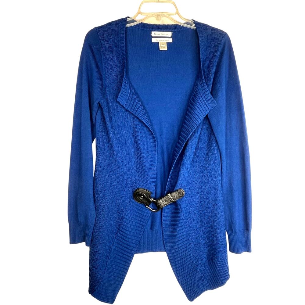 Susan Bristol belted cardigan merino wool blend sweater, blue, size L, EUC